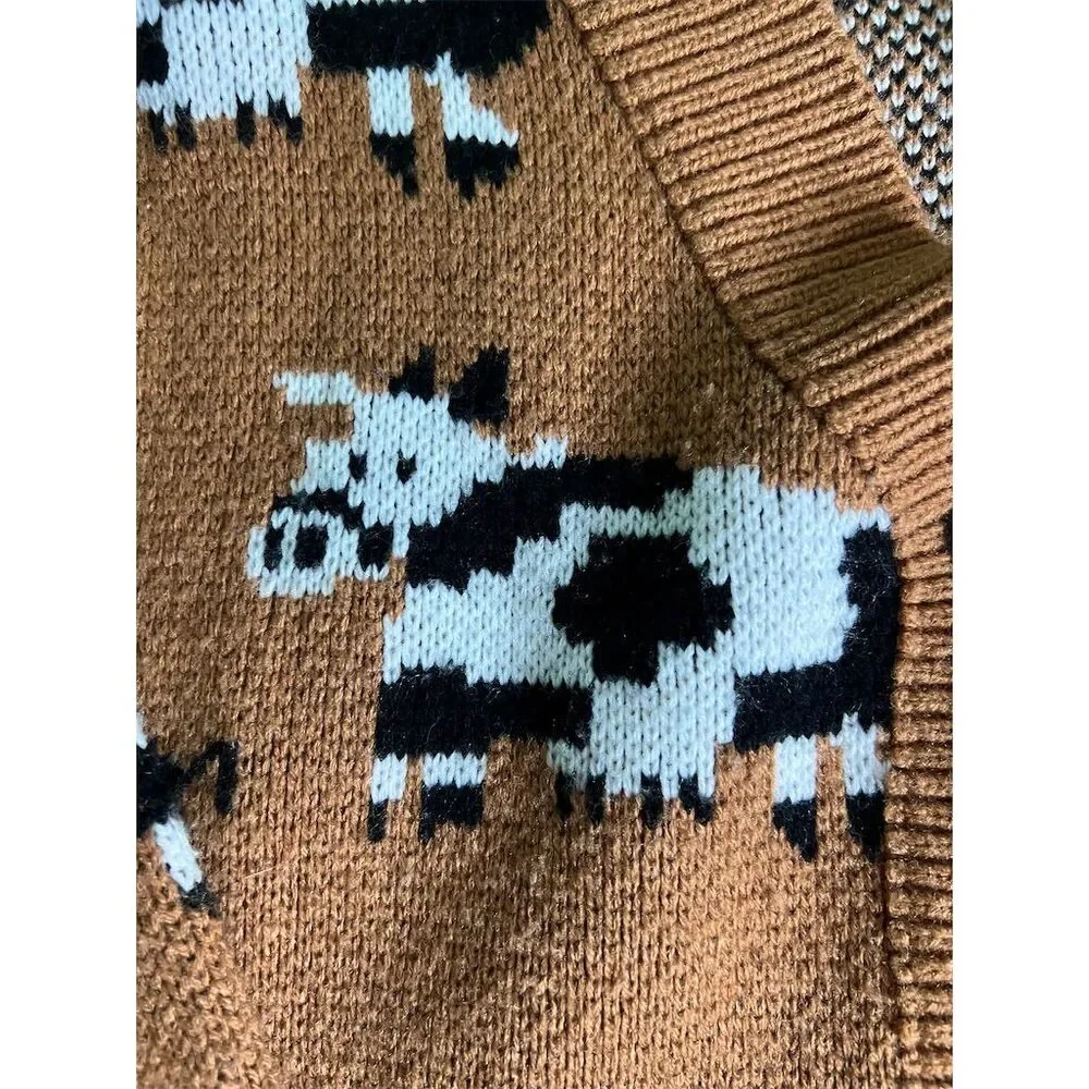 ROMWE Women's Kawaii Cow Print Button Front Cardigan Brown Size M - Picture 8 of 8